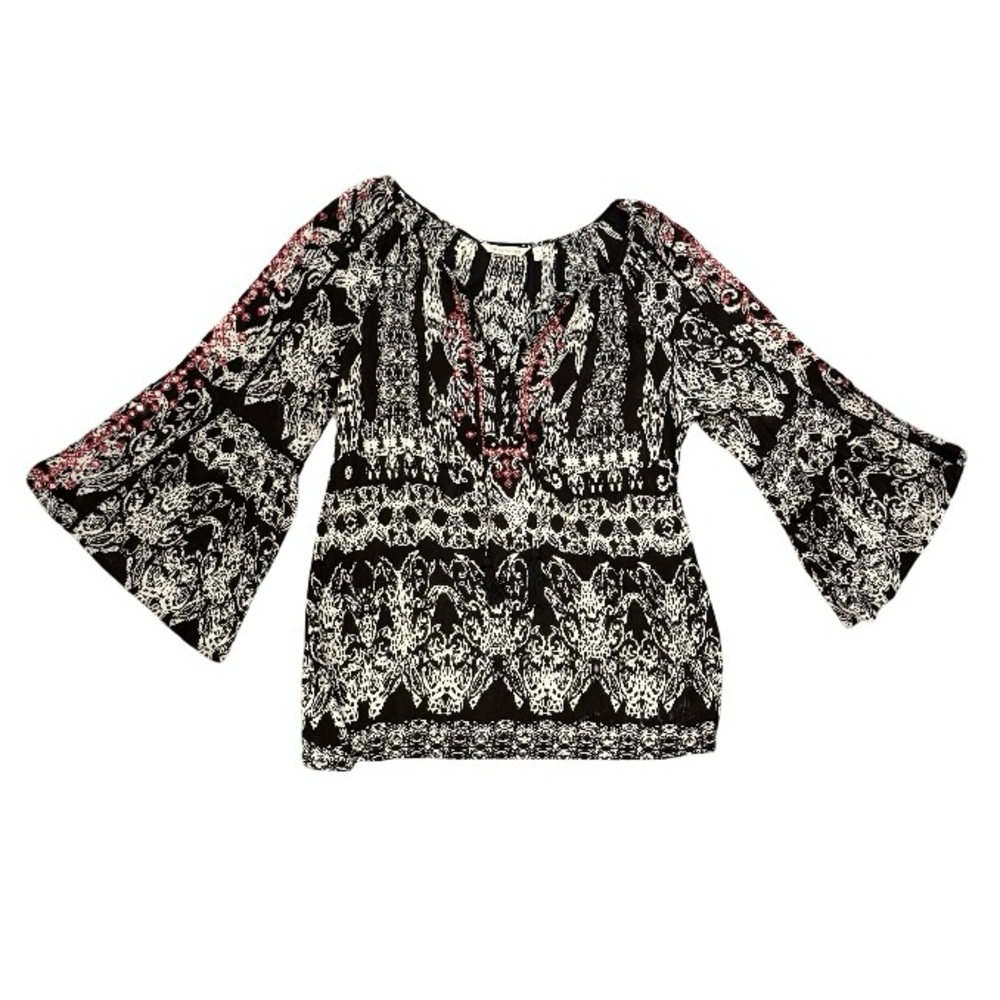 Soft Surroundings Black and White Blouse with Red Accents